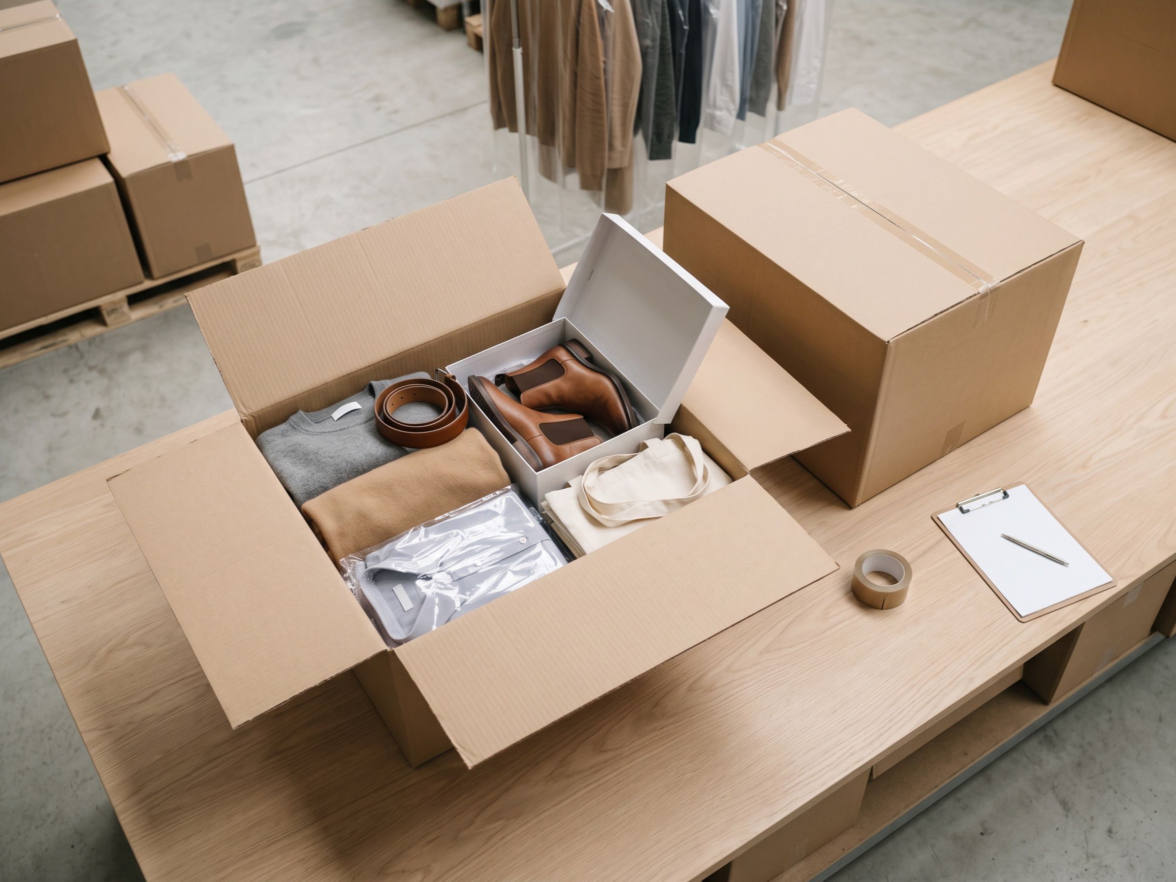 An open carton packed with a mixed lot of knitwear, shirts, boots and accessories