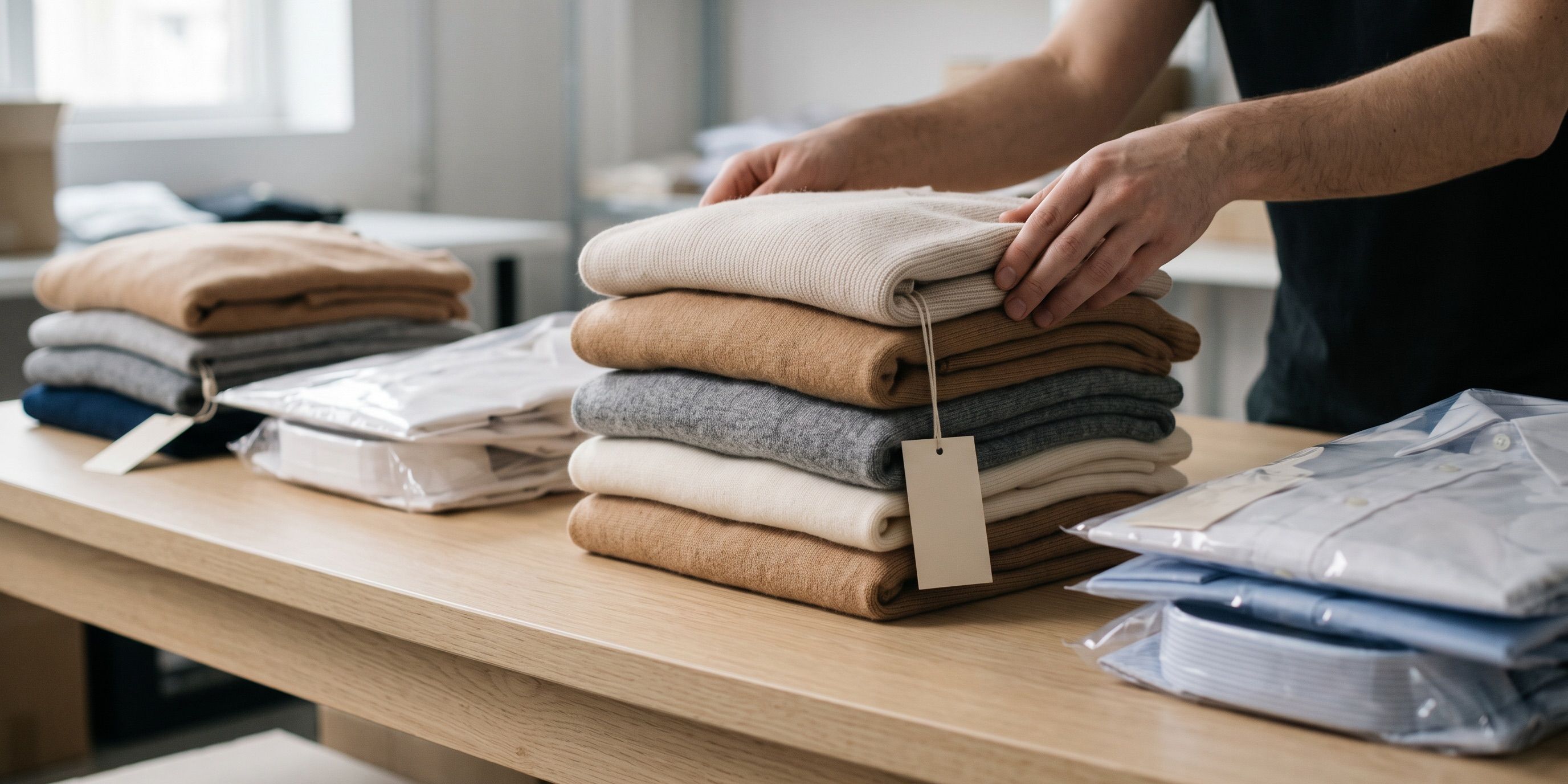 Stacks of folded new knitwear and shirts with blank swing tags on a worktable
