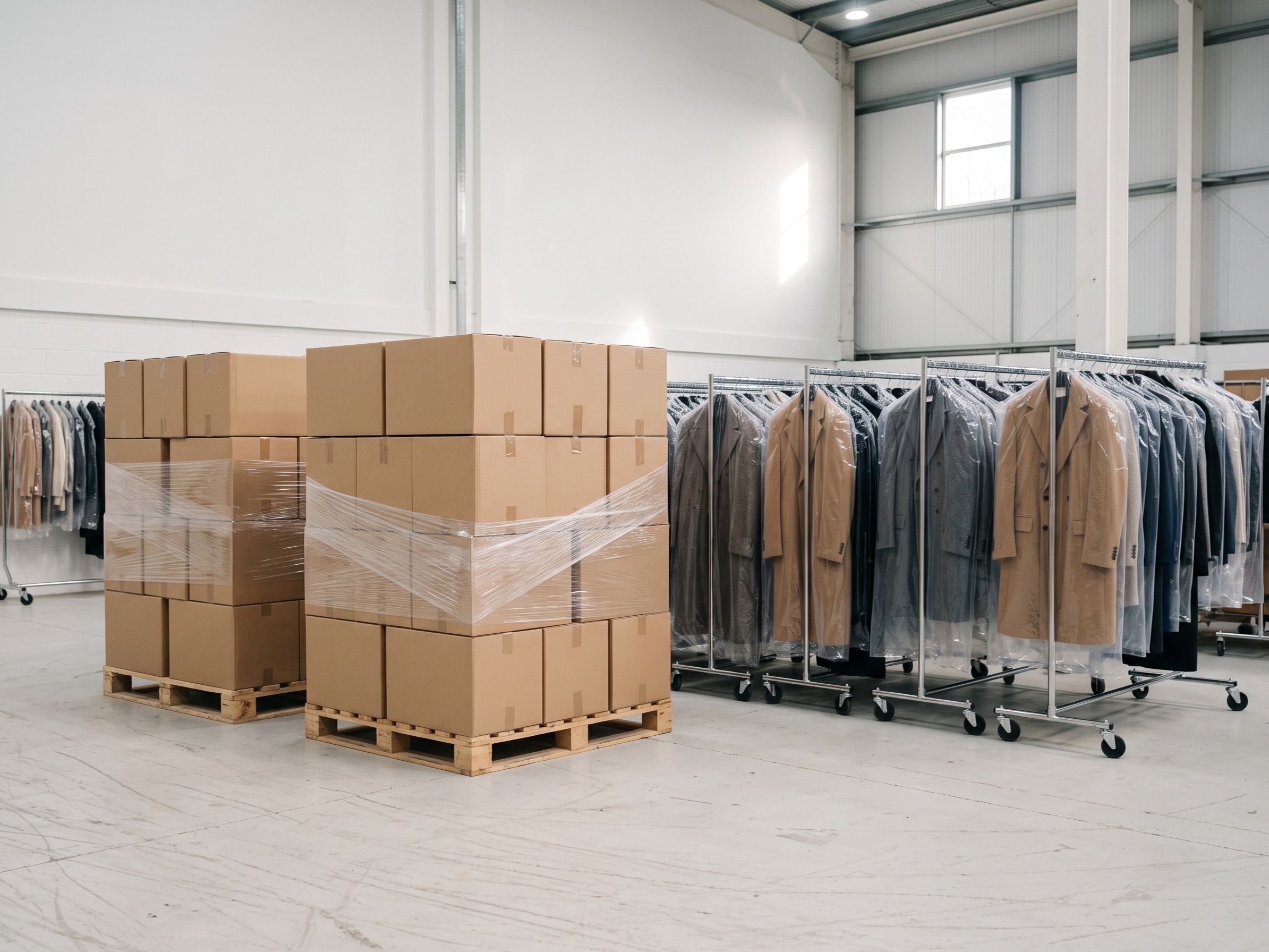 Pallets of boxed stock beside rails of covered garments in a warehouse