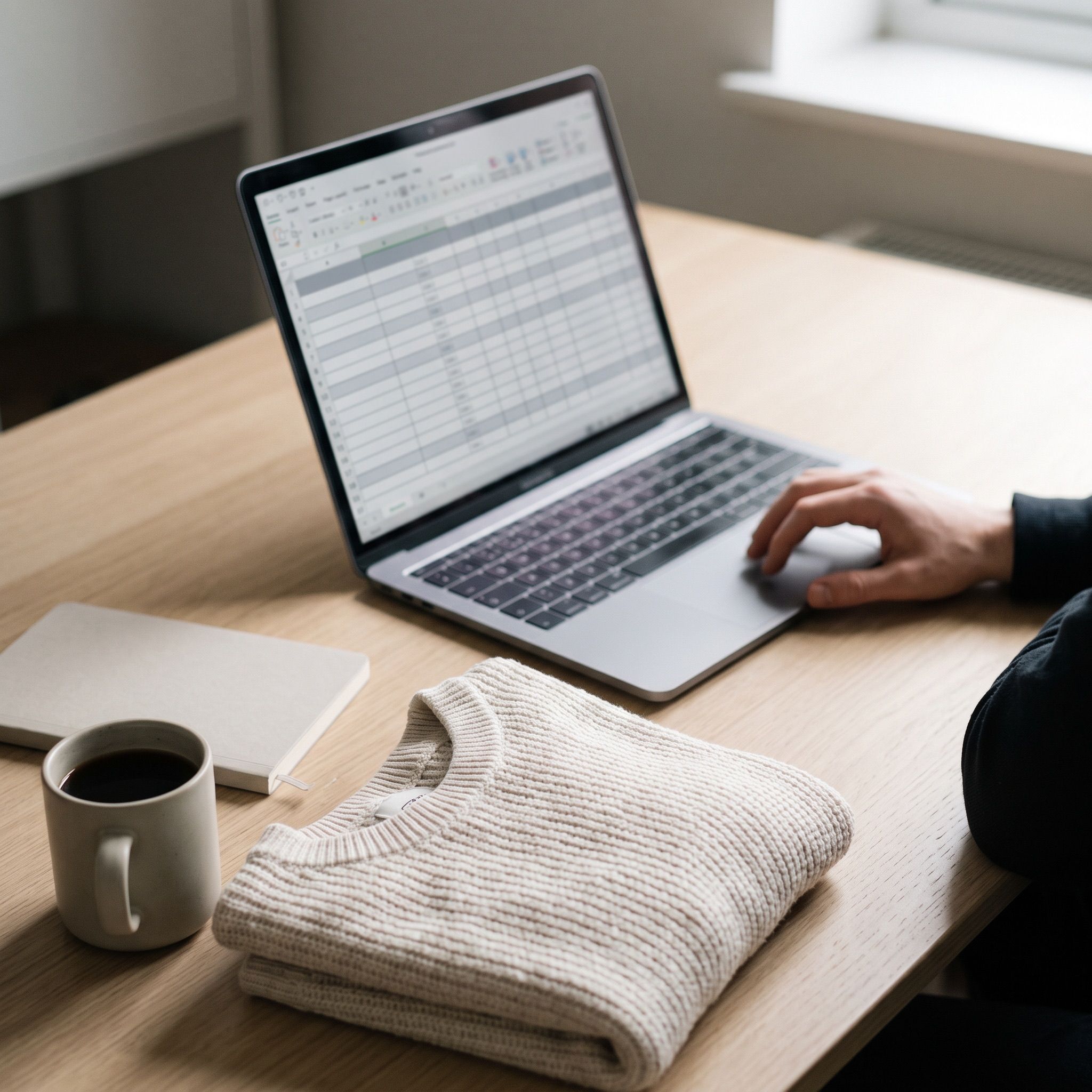 A laptop showing a stocklist spreadsheet on a desk
