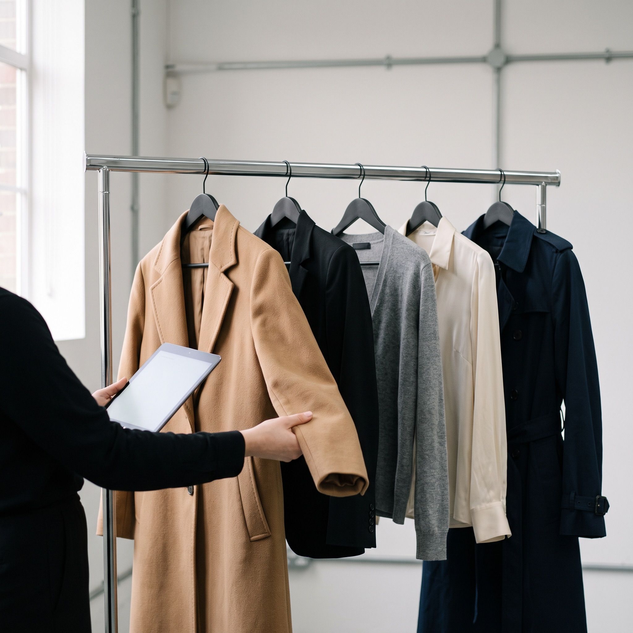 Designer coats and knitwear being reviewed on a clothing rail