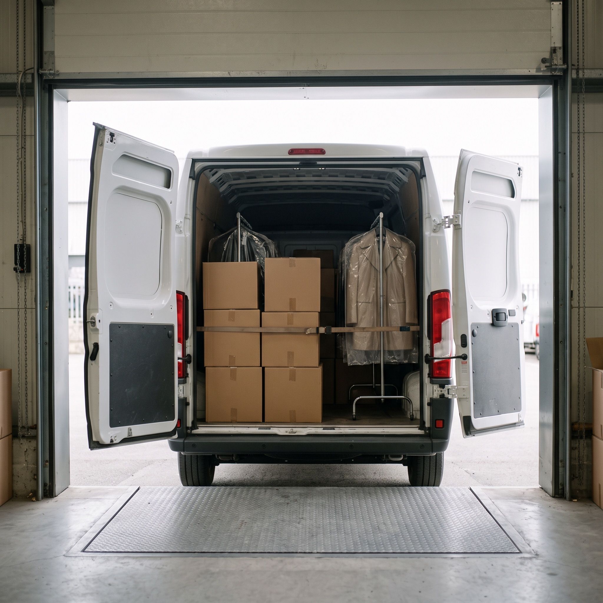 Boxes of stock being loaded into a van for collection